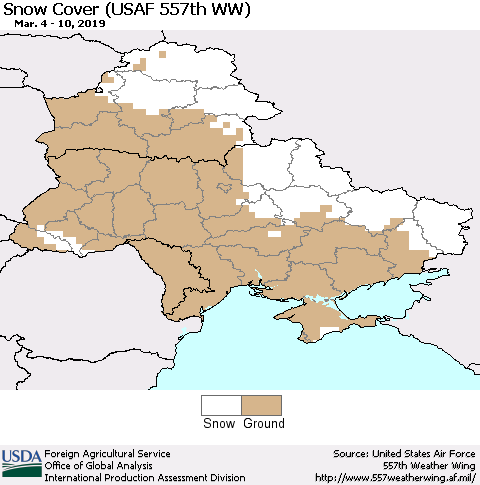 Ukraine, Moldova and Belarus Snow Cover (USAF 557th WW) Thematic Map For 3/4/2019 - 3/10/2019