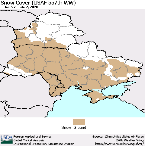 Ukraine, Moldova and Belarus Snow Cover (USAF 557th WW) Thematic Map For 1/27/2020 - 2/2/2020