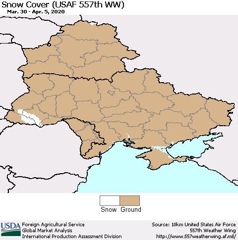 Ukraine, Moldova and Belarus Snow Cover (USAF 557th WW) Thematic Map For 3/30/2020 - 4/5/2020