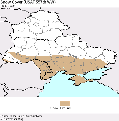 Ukraine, Moldova and Belarus Snow Cover (USAF 557th WW) Thematic Map For 1/1/2024 - 1/7/2024