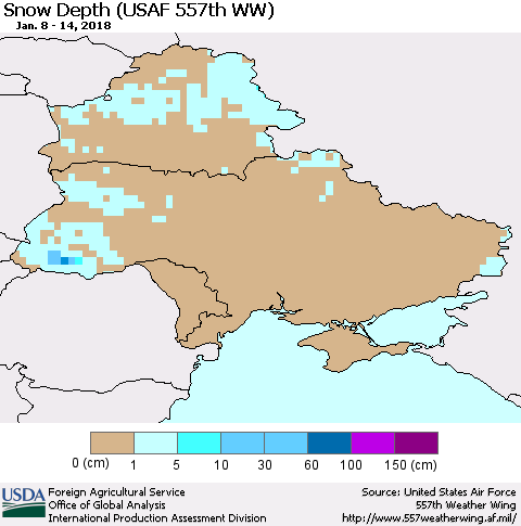 Ukraine, Moldova and Belarus Snow Depth (USAF 557th WW) Thematic Map For 1/8/2018 - 1/14/2018