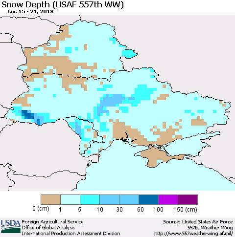 Ukraine, Moldova and Belarus Snow Depth (USAF 557th WW) Thematic Map For 1/15/2018 - 1/21/2018