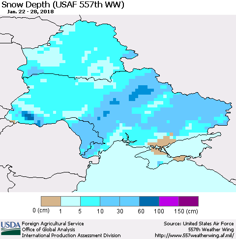 Ukraine, Moldova and Belarus Snow Depth (USAF 557th WW) Thematic Map For 1/22/2018 - 1/28/2018