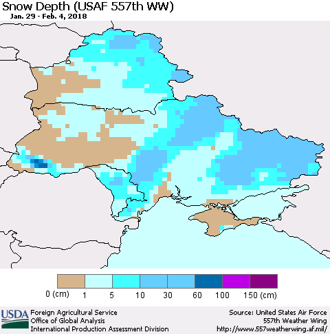 Ukraine, Moldova and Belarus Snow Depth (USAF 557th WW) Thematic Map For 1/29/2018 - 2/4/2018