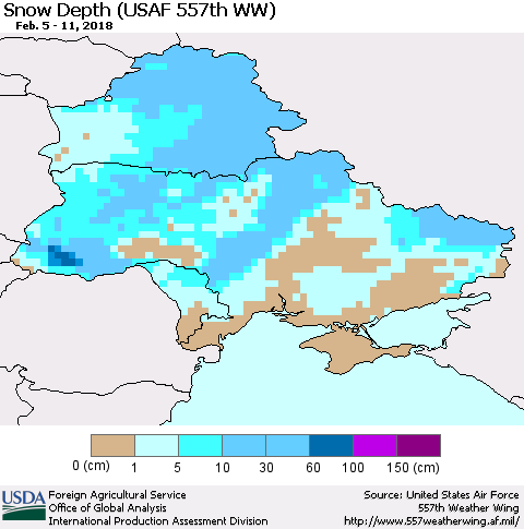 Ukraine, Moldova and Belarus Snow Depth (USAF 557th WW) Thematic Map For 2/5/2018 - 2/11/2018