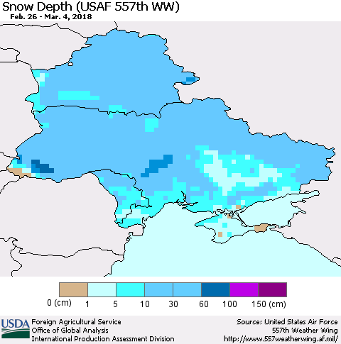 Ukraine, Moldova and Belarus Snow Depth (USAF 557th WW) Thematic Map For 2/26/2018 - 3/4/2018