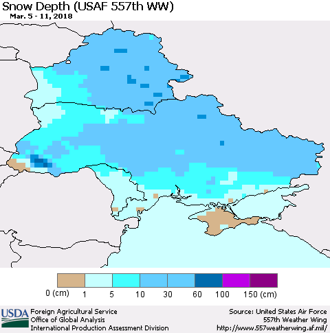 Ukraine, Moldova and Belarus Snow Depth (USAF 557th WW) Thematic Map For 3/5/2018 - 3/11/2018