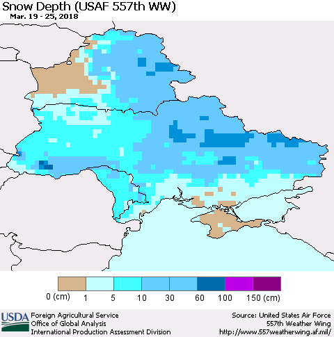 Ukraine, Moldova and Belarus Snow Depth (USAF 557th WW) Thematic Map For 3/19/2018 - 3/25/2018