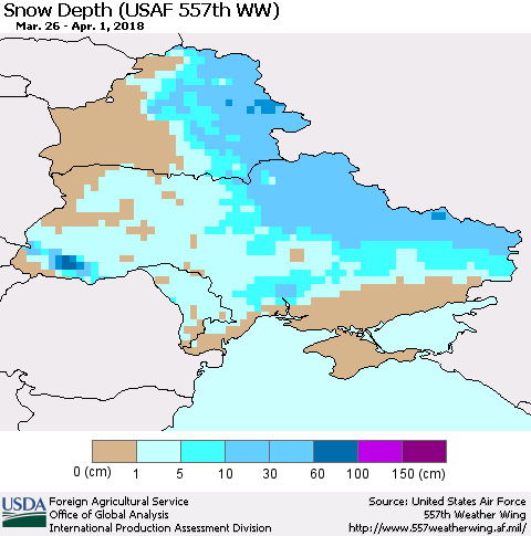 Ukraine, Moldova and Belarus Snow Depth (USAF 557th WW) Thematic Map For 3/26/2018 - 4/1/2018