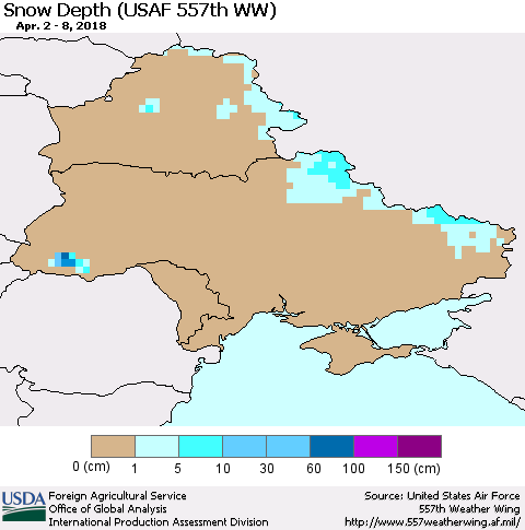 Ukraine, Moldova and Belarus Snow Depth (USAF 557th WW) Thematic Map For 4/2/2018 - 4/8/2018