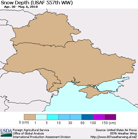 Ukraine, Moldova and Belarus Snow Depth (USAF 557th WW) Thematic Map For 4/30/2018 - 5/6/2018