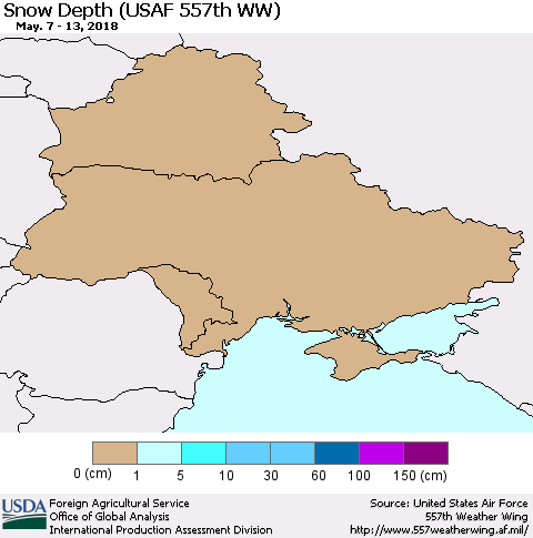 Ukraine, Moldova and Belarus Snow Depth (USAF 557th WW) Thematic Map For 5/7/2018 - 5/13/2018