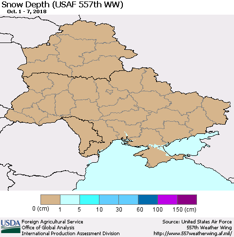 Ukraine, Moldova and Belarus Snow Depth (USAF 557th WW) Thematic Map For 10/1/2018 - 10/7/2018