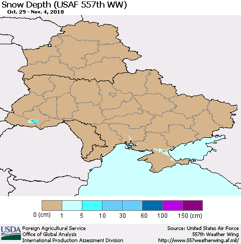 Ukraine, Moldova and Belarus Snow Depth (USAF 557th WW) Thematic Map For 10/29/2018 - 11/4/2018