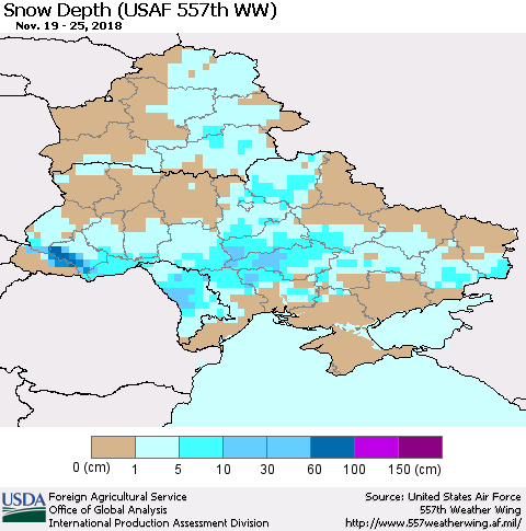Ukraine, Moldova and Belarus Snow Depth (USAF 557th WW) Thematic Map For 11/19/2018 - 11/25/2018