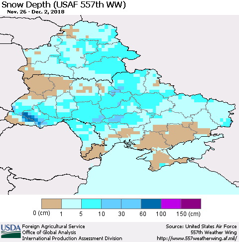 Ukraine, Moldova and Belarus Snow Depth (USAF 557th WW) Thematic Map For 11/26/2018 - 12/2/2018