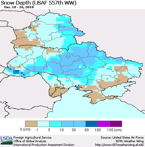 Ukraine, Moldova and Belarus Snow Depth (USAF 557th WW) Thematic Map For 12/10/2018 - 12/16/2018