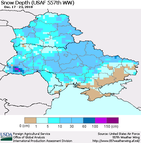 Ukraine, Moldova and Belarus Snow Depth (USAF 557th WW) Thematic Map For 12/17/2018 - 12/23/2018