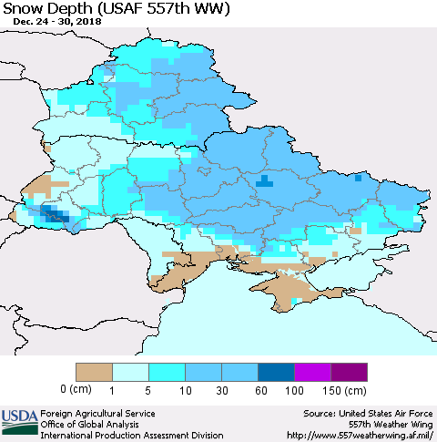 Ukraine, Moldova and Belarus Snow Depth (USAF 557th WW) Thematic Map For 12/24/2018 - 12/30/2018