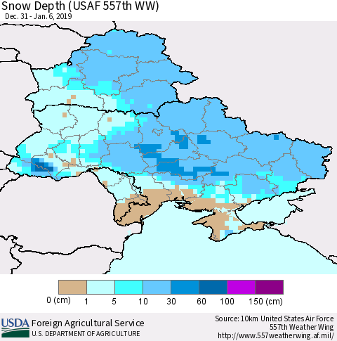 Ukraine, Moldova and Belarus Snow Depth (USAF 557th WW) Thematic Map For 12/31/2018 - 1/6/2019
