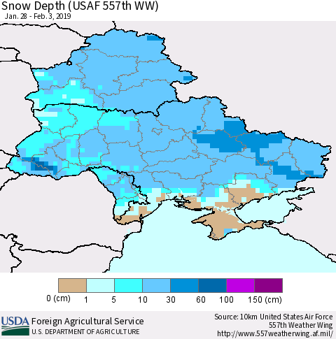 Ukraine, Moldova and Belarus Snow Depth (USAF 557th WW) Thematic Map For 1/28/2019 - 2/3/2019