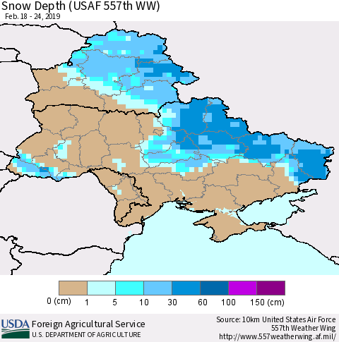 Ukraine, Moldova and Belarus Snow Depth (USAF 557th WW) Thematic Map For 2/18/2019 - 2/24/2019