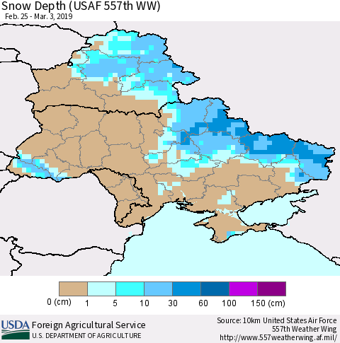 Ukraine, Moldova and Belarus Snow Depth (USAF 557th WW) Thematic Map For 2/25/2019 - 3/3/2019
