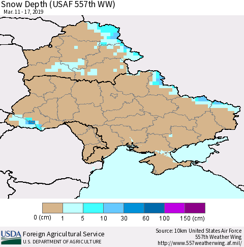 Ukraine, Moldova and Belarus Snow Depth (USAF 557th WW) Thematic Map For 3/11/2019 - 3/17/2019