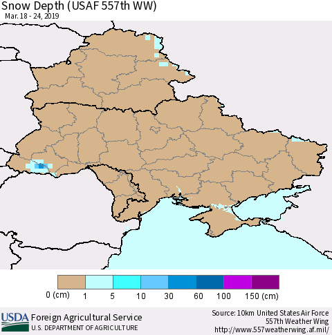 Ukraine, Moldova and Belarus Snow Depth (USAF 557th WW) Thematic Map For 3/18/2019 - 3/24/2019