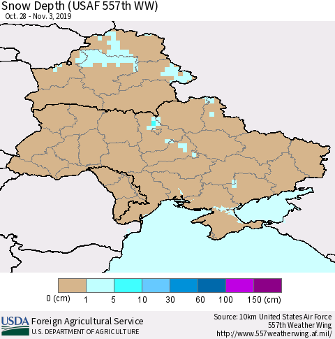 Ukraine, Moldova and Belarus Snow Depth (USAF 557th WW) Thematic Map For 10/28/2019 - 11/3/2019