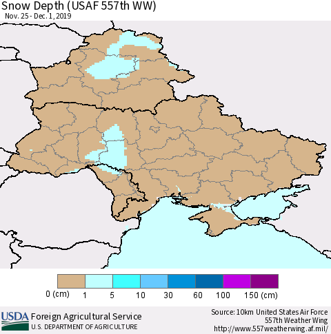 Ukraine, Moldova and Belarus Snow Depth (USAF 557th WW) Thematic Map For 11/25/2019 - 12/1/2019