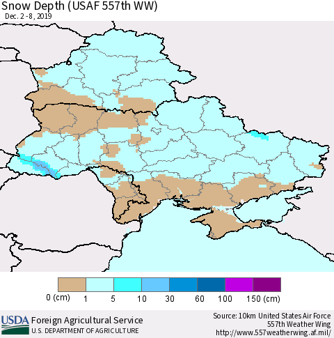 Ukraine, Moldova and Belarus Snow Depth (USAF 557th WW) Thematic Map For 12/2/2019 - 12/8/2019