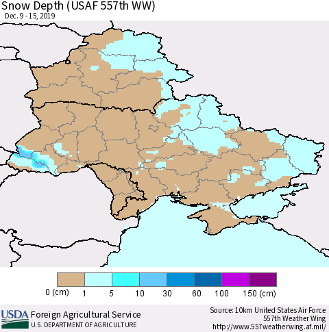 Ukraine, Moldova and Belarus Snow Depth (USAF 557th WW) Thematic Map For 12/9/2019 - 12/15/2019