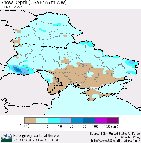 Ukraine, Moldova and Belarus Snow Depth (USAF 557th WW) Thematic Map For 1/6/2020 - 1/12/2020