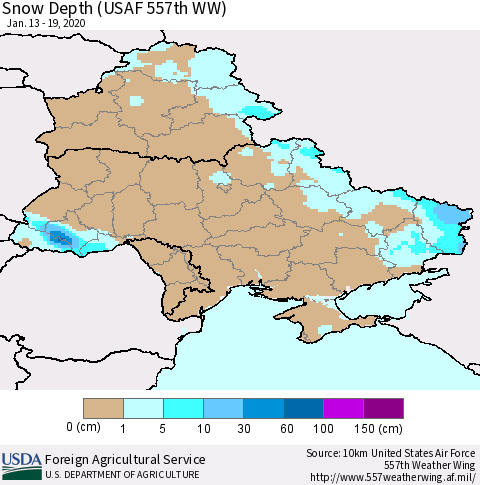 Ukraine, Moldova and Belarus Snow Depth (USAF 557th WW) Thematic Map For 1/13/2020 - 1/19/2020