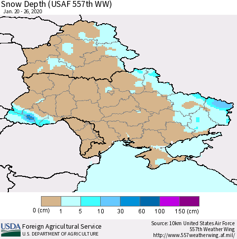 Ukraine, Moldova and Belarus Snow Depth (USAF 557th WW) Thematic Map For 1/20/2020 - 1/26/2020
