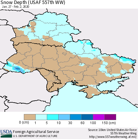 Ukraine, Moldova and Belarus Snow Depth (USAF 557th WW) Thematic Map For 1/27/2020 - 2/2/2020