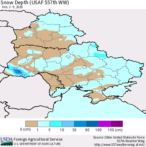 Ukraine, Moldova and Belarus Snow Depth (USAF 557th WW) Thematic Map For 2/3/2020 - 2/9/2020