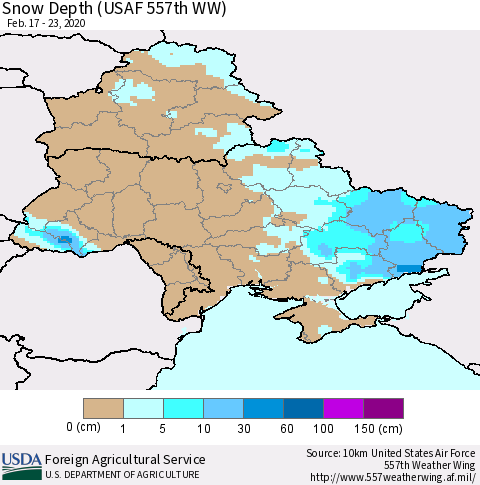 Ukraine, Moldova and Belarus Snow Depth (USAF 557th WW) Thematic Map For 2/17/2020 - 2/23/2020