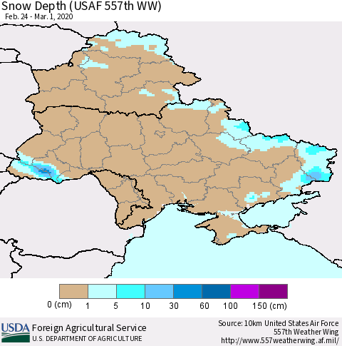 Ukraine, Moldova and Belarus Snow Depth (USAF 557th WW) Thematic Map For 2/24/2020 - 3/1/2020