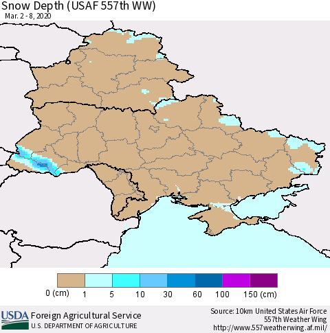 Ukraine, Moldova and Belarus Snow Depth (USAF 557th WW) Thematic Map For 3/2/2020 - 3/8/2020