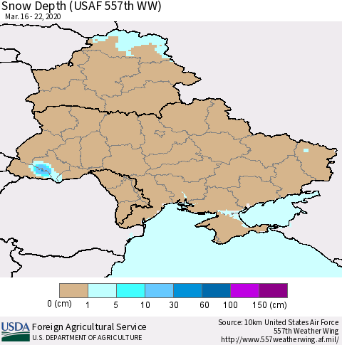 Ukraine, Moldova and Belarus Snow Depth (USAF 557th WW) Thematic Map For 3/16/2020 - 3/22/2020