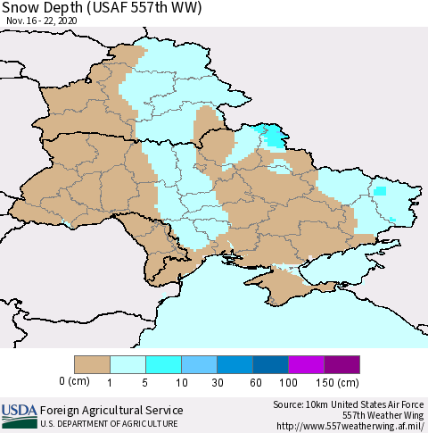 Ukraine, Moldova and Belarus Snow Depth (USAF 557th WW) Thematic Map For 11/16/2020 - 11/22/2020