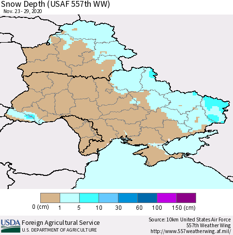 Ukraine, Moldova and Belarus Snow Depth (USAF 557th WW) Thematic Map For 11/23/2020 - 11/29/2020