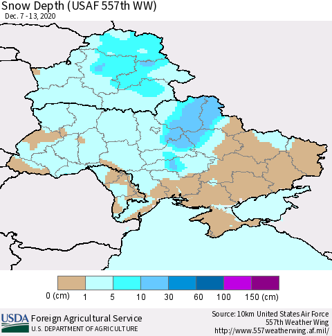 Ukraine, Moldova and Belarus Snow Depth (USAF 557th WW) Thematic Map For 12/7/2020 - 12/13/2020