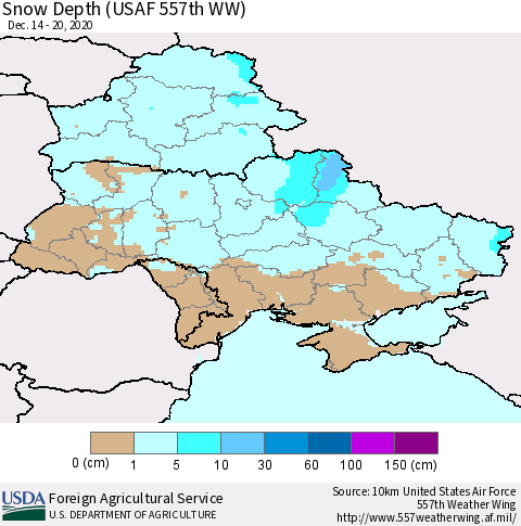 Ukraine, Moldova and Belarus Snow Depth (USAF 557th WW) Thematic Map For 12/14/2020 - 12/20/2020