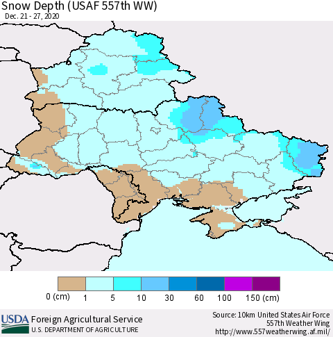 Ukraine, Moldova and Belarus Snow Depth (USAF 557th WW) Thematic Map For 12/21/2020 - 12/27/2020