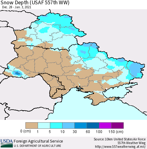Ukraine, Moldova and Belarus Snow Depth (USAF 557th WW) Thematic Map For 12/28/2020 - 1/3/2021