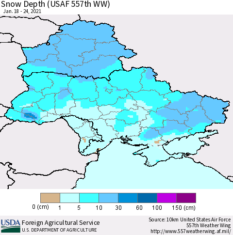 Ukraine, Moldova and Belarus Snow Depth (USAF 557th WW) Thematic Map For 1/18/2021 - 1/24/2021