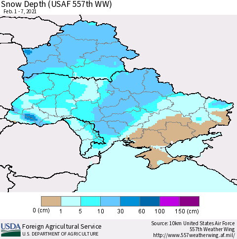 Ukraine, Moldova and Belarus Snow Depth (USAF 557th WW) Thematic Map For 2/1/2021 - 2/7/2021